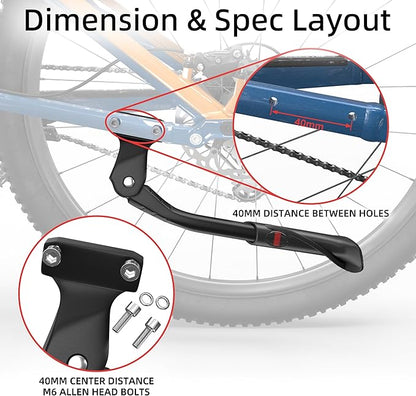 Heavy Duty Bike Kickstand, Aluminum Alloy Strong Rear Mount Bicycle Kick Stand for 24-29 inch Electric & Mountain Adult Bike, EBike Kick Stand for 40MM Hole Distance