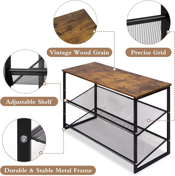 Garden 4 you Shoe Rack for Entryway 3 Tiers 11.8" D x 25" W x 20" H, Metal Shoe Rocks with Brown Wooden Tabletop, Angled Shoes Rack with Adjustable Mesh Shelves for Entryway Hallway Closet