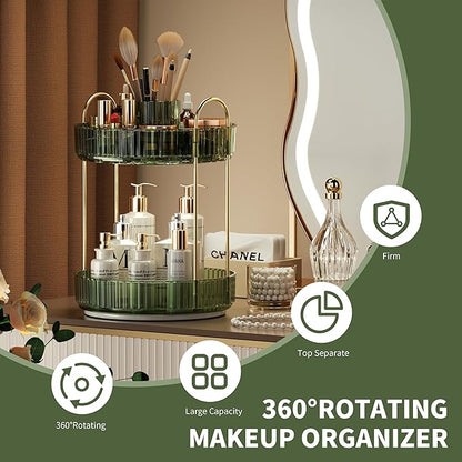 YCIA&DONE Rotating Makeup Organizer for Vanity, Large Capacity Make Up Storage Skin Care Shelf Perfume Holders Cosmetic Dresser Organizer Countertop Spinning 360 (Vintage Green, 2Tiers)