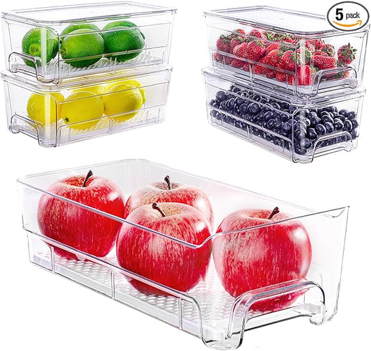 Imncya 5 Pack Fridge Organizer Bins, Clear Stackable Pull Out Refrigerator Drawer Organizer, Fridge Organizers and Storage Container for Fruits, Vegetables, Drinks, Food