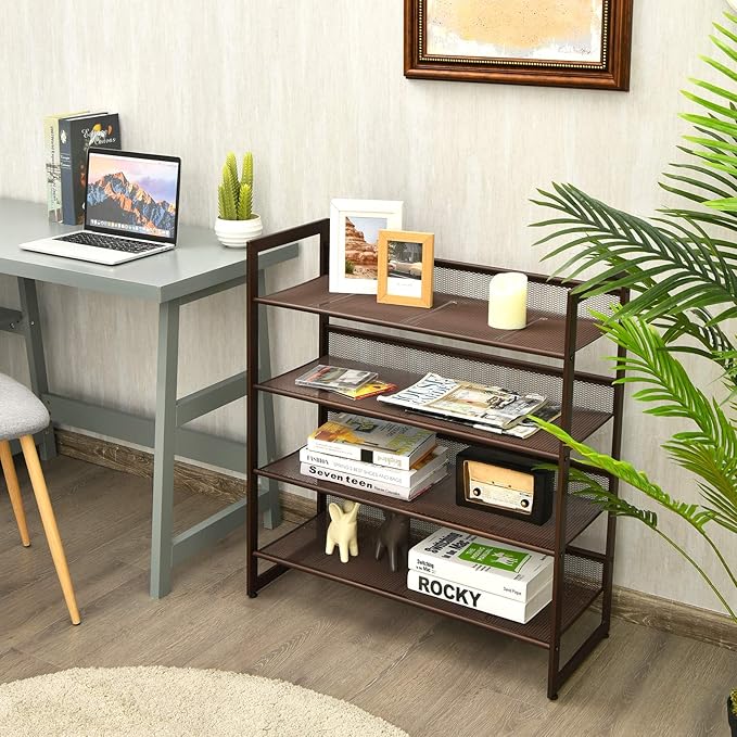 Tangkula 4-Tier Metal Shoe Rack, Stackable Flat & Slant Adjustable Shoe Storage Stand, Space Saving Shoes Shelf, Freestanding Shoes Rack Organizer for Entryway, Hallway