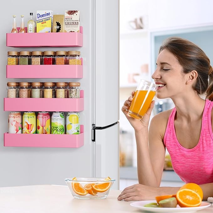 Mystozer Magnetic Spice Rack for Refrigerator, Kitchen Organizer and Storage Shelf, Pink(4 Pack)