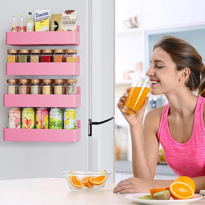 Mystozer Magnetic Spice Rack for Refrigerator, Kitchen Organizer and Storage Shelf, Pink(4 Pack)