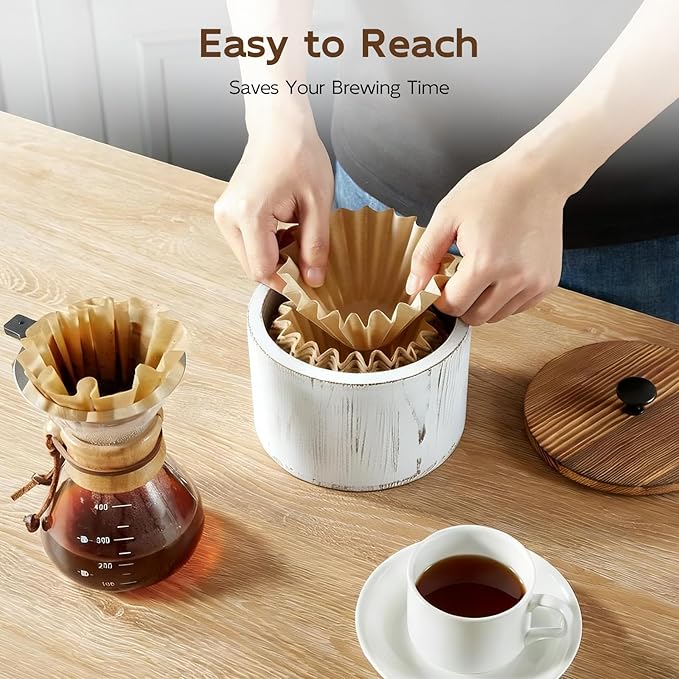 Coffee Filter Holder, Wood Filter Storage Container for Counter, Coffee Bar Accessories for Home Decor, Retro White