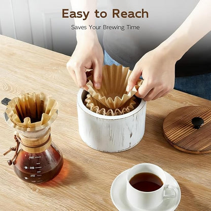 Coffee Filter Holder, Wood Filter Storage Container for Counter, Coffee Bar Accessories for Home Decor, Retro White