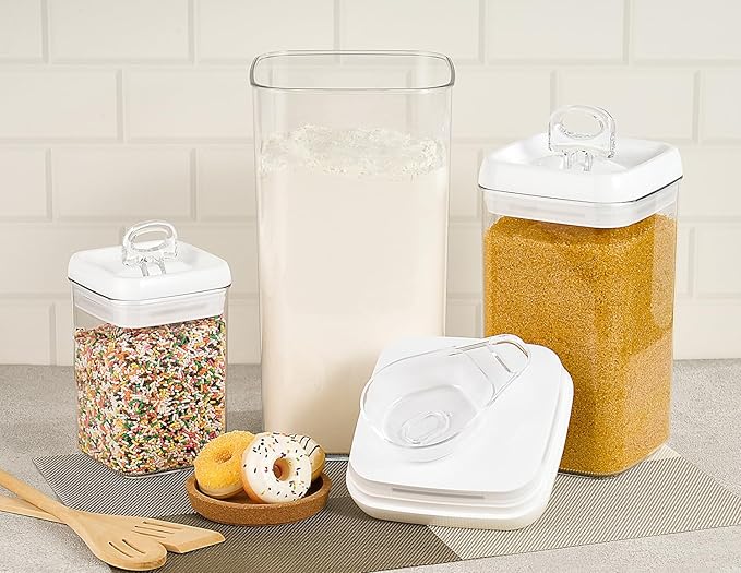 Felli Flip Tite Acrylic Food Storage Container with Lid 6” XL Air Tight Ring Seal Flip Top, Plastic Kitchen Baking Canister for 5 lb Flour Sugar Rice Protein Powder Pantry Organizer (Nest-M, White)