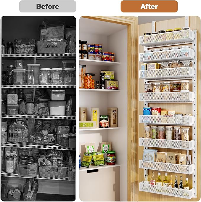 Pantry Door Organizers and Storage, 8-Tier Large Metal Heavy-Duty Frame Over the Door Spice Rack, 2 in 1 Wall-Mounted or Hanging shelf for Kitchen, Bathroom, Laundry Room, Bedroom, Closet &Nursery