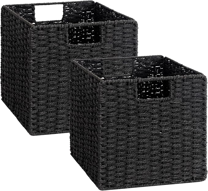StorageWorks 11 inch Wicker Baskets, Handwoven Storage Cubes with Handles, Foldable Paper Rope Basket for Organizing, Black, 2 Pack