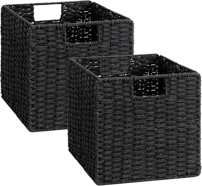StorageWorks 11 inch Wicker Baskets, Handwoven Storage Cubes with Handles, Foldable Paper Rope Basket for Organizing, Black, 2 Pack