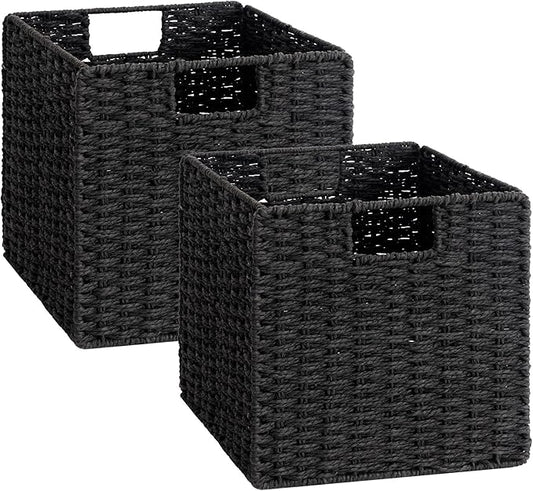 StorageWorks 11 inch Wicker Baskets, Handwoven Storage Cubes with Handles, Foldable Paper Rope Basket for Organizing, Black, 2 Pack
