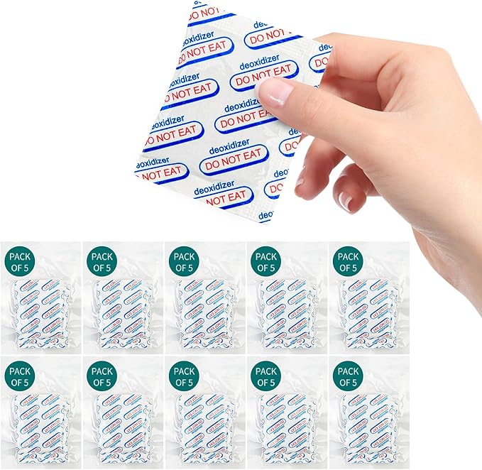 1000cc 50 Packs Food Grade Oxygen Absorbers - 5 Packs x 1 Vacuum Bag for Long Term Food Freshness - O2 Absorber for Canning & Preserving