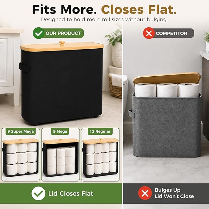 Premium Waterproof Toilet Paper Storage Box with Bamboo Lid - Fits 9 Mega Rolls, 900D Heavy-Duty Fabric Bathroom Organizer Bin with Elevated Base & Handles for Narrow Spaces (17.3"x 6.9"x 15.5")