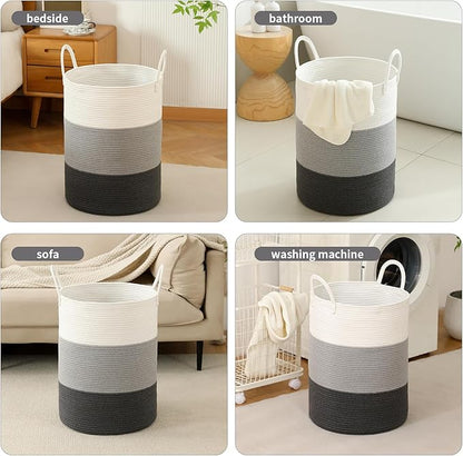 Laundry Basket Hamper Tall Rope Storage Woven for Blanket toys Dirty Clothes in Living Room Bathroom Bedroom (Gradient Grey, 100L/26.4Gal)