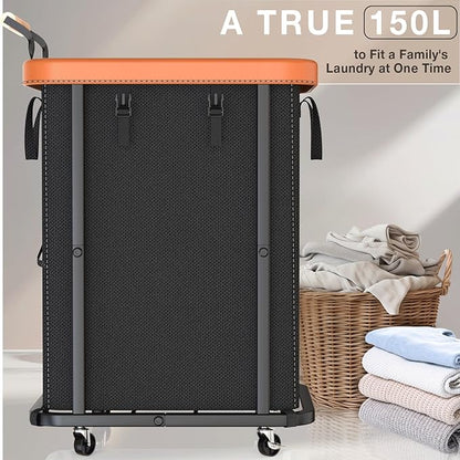 40 Gal (150L) Laundry Hamper with Lid, Leather Patchwork Laundry Basket with Rolling Lockable Wheels and Handle, Laundry Basket Organizer for Laundry Room, Bedroom and Bathroom,Laundry Room - Black