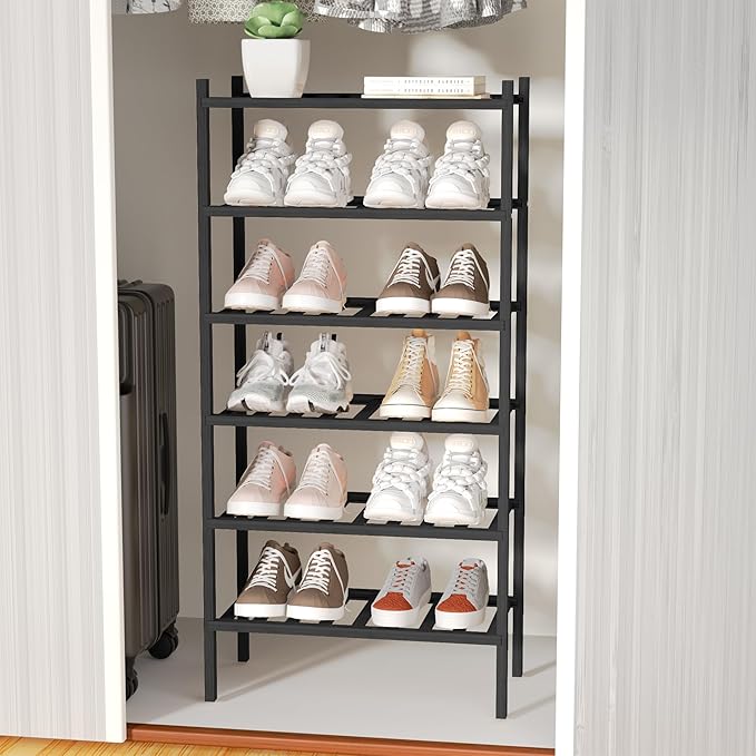ROMGUAR CRAFT 6-Tier Bamboo Small Shoe Rack, Free Standing Wood Shoe Shelf Storage Organizer for Closet Entryway Stackable (Black)