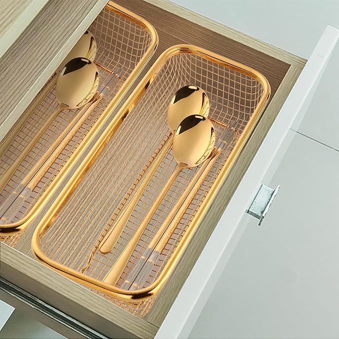 Gold Kitchen Drawer Organizer, Stackable Mesh Storage Baskets, Stainless Steel Silverware Organizer for Holding Knife Fork Spoon, 12.5"x5"x2.5", Pack of 2