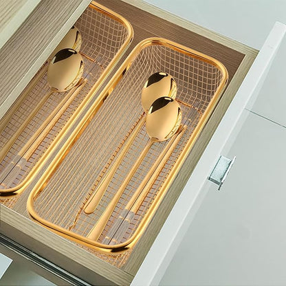 Gold Kitchen Drawer Organizer, Stackable Mesh Storage Baskets, Stainless Steel Silverware Organizer for Holding Knife Fork Spoon, 12.5"x5"x2.5", Pack of 2