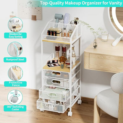 HapiRm Makeup Organizer Storage Cart - Floor Skincare Make Up Storage with 4 Drawers, Rolling Makeup Cart Vanity Organizer Cosmetics Display Cases Holder for Skin Care Perfume Nail Polish