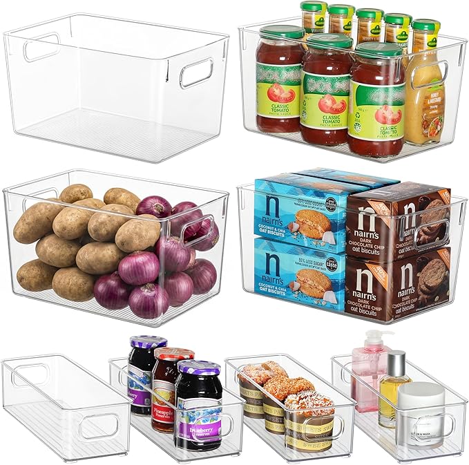 Qilinba Clear Storage Bins 8 Pack for Pantry Organizers, 4 Large Plastic Pantry Organizer Bins and 4 Small Stackable Storage Containers for Kitchen Cabinet, Home Edit, Freezer Fridge Organizer