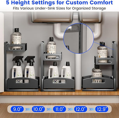 Petiza Under Sink Organizer,2 Pack Height Adjustable Under Sink Organizers and Storage, 2 Tier Under Sink Storage for Kitchen Bathroom Cabinet