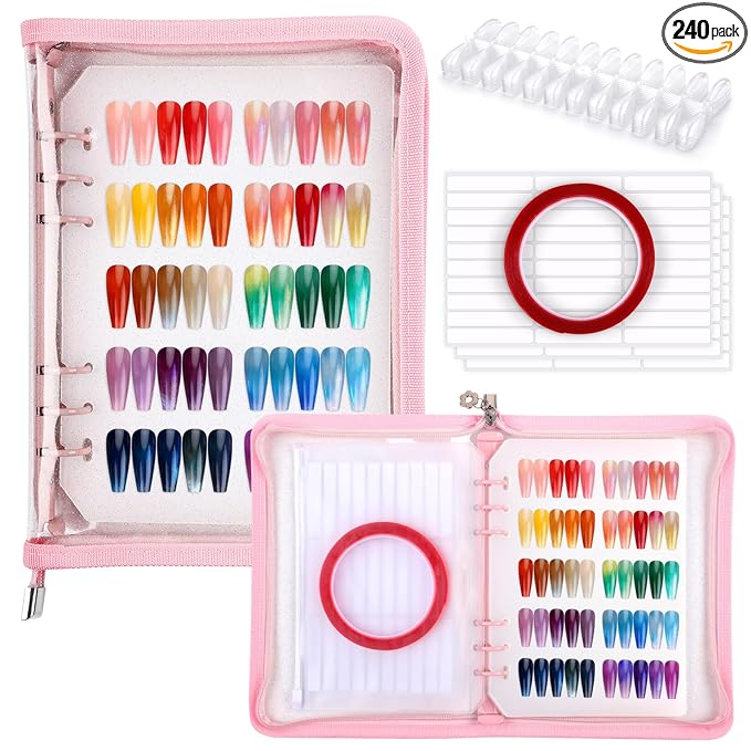 Segbeauty Nail Sample Color Swatches Book with Zipper, Nail Display Book Polish Color Swatches A5 Binder, Gel Press On Nails Organizer Storage Holder with 240 False Fingernail Polish Art Salon Pink