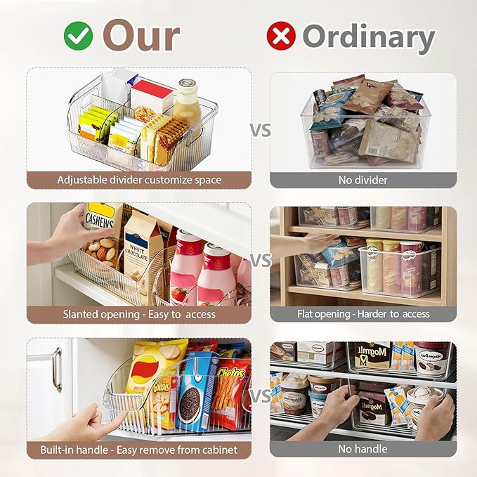 Set of 3 Pantry Organizers and Storage Bins with Removable Dividers - Clear Plastic Storage Box for Cabinet, Kitchen, Fridge, Bathroom, Home Organization Food Containers, Large Medium Small