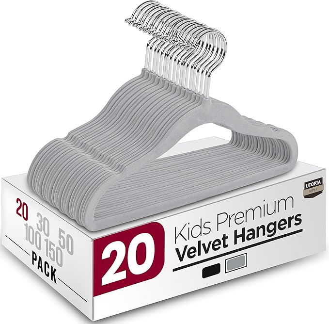 Utopia Home Kids Velvet Hangers 20 Pack – 11 Inch Non-Slip Baby Hangers for Baby and Toddlers, Durable Ultra-Slim Space-Saving Closet Organizers (Grey)