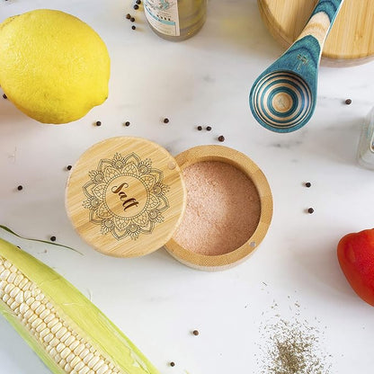 Totally Bamboo Salt Cellar Bamboo Storage Box with Magnetic Swivel Lid, 6 Ounce Capacity, Mandala Flower Engraved on Lid