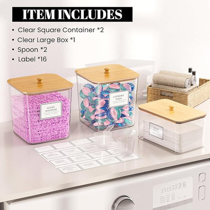 2+1 Pack Laundry Pods Container,Clear Laundry Detergent Powder Storage Containers,Laundry Room Organization Containers with Wooden Lids & Labels,Laundry Pods Holder for Scent Booster,Dryer Ball