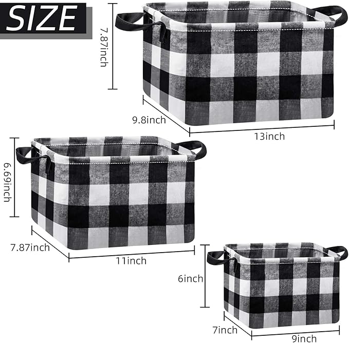 Boao 6 Pcs Buffalo Plaid Basket Square Storage Basket Black and White Buffalo Check Basket Bin Solid Storage Organizer with Handles Collapsible Square Organizer for Home Office