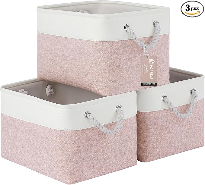 Large Storage Baskets- 15x11x10 inch Storage Bins for Shelves and Closet Organizing, Foldable Fabric Bin for Home Organization Clothes and Laundry (3-Pack, White&Pink)