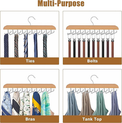 Tie Rack Hanger for Closet, 2 in 1 Belt Tie Hangers with 20 Folding Hooks, 360 Degree Rotating Wooden Tie Holder Organizer for Men Ties Belts Scarves Tank Tops Accessories, Wood (2 Pack)
