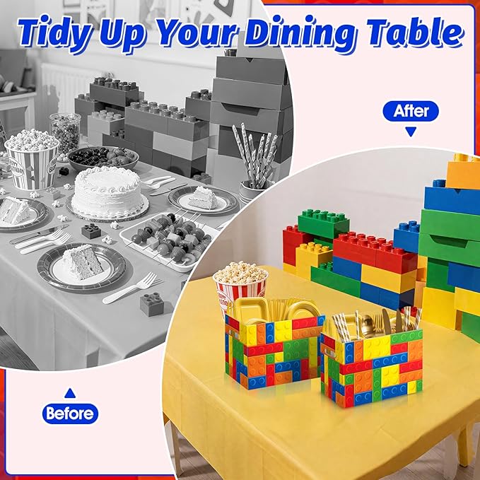 2PCS Building Block Utensil Holder Paper Utensil Caddy for Building Block Party Supplies Disposable Cutlery Holder with Handles Cutlery Caddy for Boys Birthday Party Decorations Colorful Snack Box