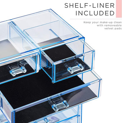 Sorbus Acrylic Makeup Organizer Set, 6-Drawer Vanity & Countertop Cosmetic Storage with Small & Wide Compartments, Blue Brilliance Makeup Storage for Brushes, Jewelry – Holiday Gift for Women & Teens