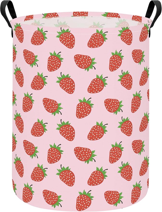 Round Foldable Girls' Storage Basket Kids Laundry Hamper Pink Gift Basket Suitable For Home Decoration Office and Toy Storage(Strawberry)