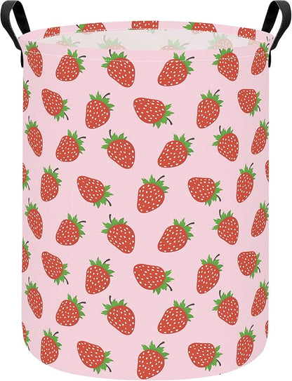 Round Foldable Girls' Storage Basket Kids Laundry Hamper Pink Gift Basket Suitable For Home Decoration Office and Toy Storage(Strawberry)