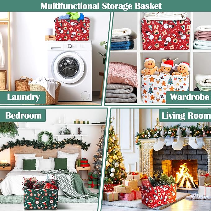 Geelin 3 Pcs Christmas Baskets Storage Gingerbread Christmas Tree Snowman Basket for Gifts Collapsible Waterproof Canvas Xmas Storage Bin Organizer with Handles for Book Closet Shelf Nursery Decor