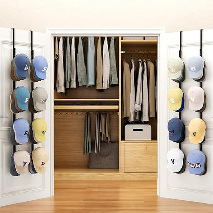 SWTYMIKI Over Door Hat Rack - 4 Packs Metal Hanging Hat Organizer with 16 Hooks Design, Baseball Cap Hanger Organizer Storage Holds up to 80 Caps for Door, Bedroom, Closet