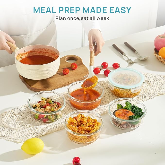 Vtopmart 5Pack 22oz Glass Storage Containers with Lids, Glass Meal Prep Food Container Sets with Snap Airtight Lids for Microwave, Oven, Freezer and Dishwasher, Green, Round