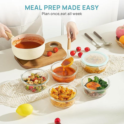 Vtopmart 5Pack 22oz Glass Storage Containers with Lids, Glass Meal Prep Food Container Sets with Snap Airtight Lids for Microwave, Oven, Freezer and Dishwasher, Green, Round