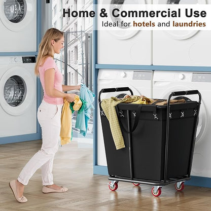 Hoctieon Large Laundry Cart with Wheels, 300L Heavy Duty Laundry Basket Organizer, Rolling Hamper Sorter for Clothes Storage, Industrial Dirty Clothes Hamper for Home & Hotel, Black