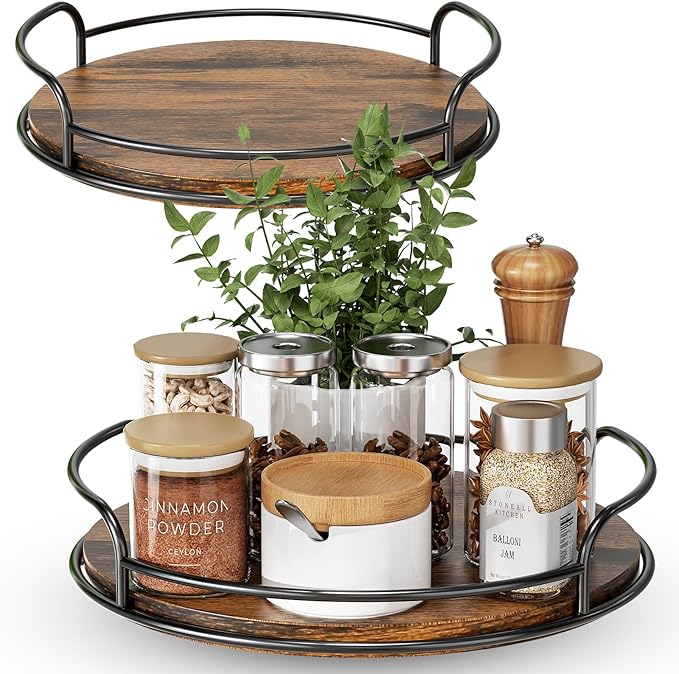 LAMU 2 Pack 10'' 12'' Lazy Susan Turntable Organizer for Table Top Cabinet, Wooden Lazy Susan for Kitchen, Pantry, Countertop, Bathroom Vanity, Spice Organization, Wood Decor
