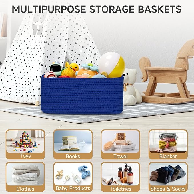 3-Pack Small Storage Baskets for Organizing | Woven Shelf Toy Basket | Rope Baskets for Gifts Empty | Closet Organizer Bins with Handles | Cube Decorative Box | 11.8×7.8×5.1” | Klein Blue