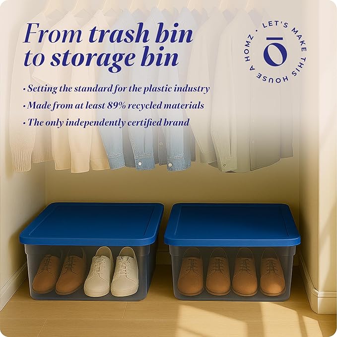 HOMZ 2-Pack Snaplock, Small Clear Plastic Storage Organizer Bins with Lids, 28 Quart, Blue - Stackable Container Boxes for Bedroom, Bathroom, Garage, and Office Organization