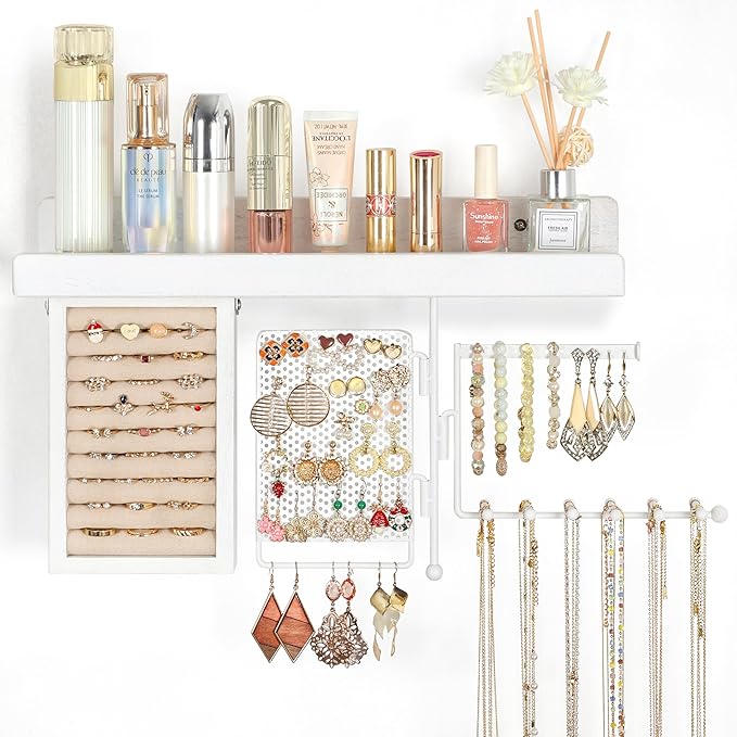 SOLIMINTR Hanging Jewelry Organizer Wall Mount with Rustic Wood Shelf, Ring Display Box, Ear Studs Earring Holder, Rotating Necklace Holder Organizer White