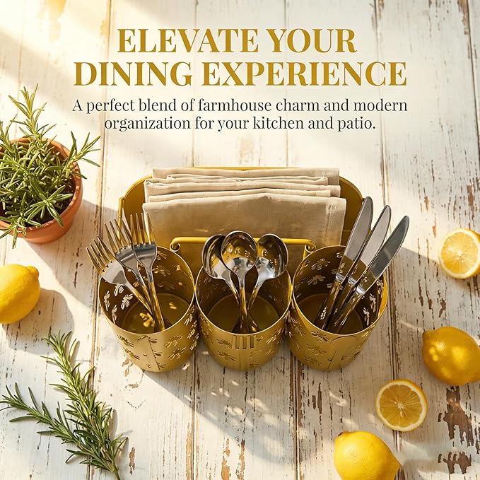 NelyBet Bee Utensil Caddy Silverware Holder Fork Spoon Napkin Paper Plate Organizer Metal Utensil Holder Cutlery Flatware Organizers for Party Kitchen Countertop Camping Picnic - Gold