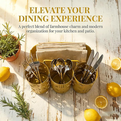 NelyBet Bee Utensil Caddy Silverware Holder Fork Spoon Napkin Paper Plate Organizer Metal Utensil Holder Cutlery Flatware Organizers for Party Kitchen Countertop Camping Picnic - Gold