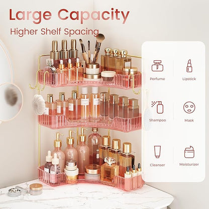 Corner Bathroom Counter Organizer 3-Tier Bathroom Organizer Countertop with Hooks Perfume Organizers Storage Shelf for Makeup & Skincare Dresser-Pink