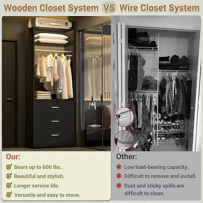 Besiost Closet System Set of 4, 8FT Closet Systems with 12 Wood Drawers, 96" Closet Organizer System with 4 Hanging Rods & 4 Shelves, Heavy Duty 96 Inch Walk-in Closet, Black (96"L x 15" W x 80" H)