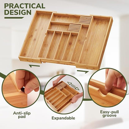 BAMEOS Bamboo Drawer Organizer Expandable Kitchen Silverware Organizer with 7-9 Deep Compartments, Bamboo Reinforced Cutlery Tray, Adjustable Utensil Holder for Kitchen(16.1"-22.4" Wide, Natural)